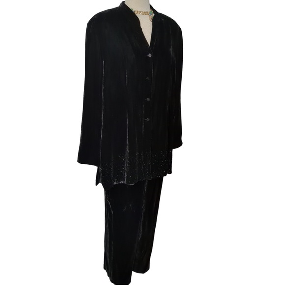 WINDS MOOR Gorgeous Beaded Black Terciopelo Two Pieces Pants and Jacket Size 16 - Picture 2 of 16